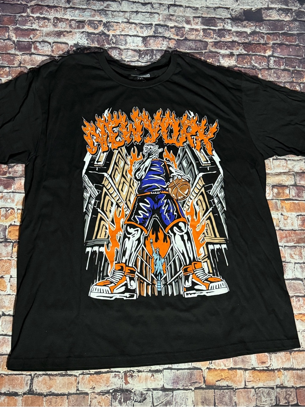 Black Short-Sleeve Graphic Basketball Tee with Orange Flame Detail